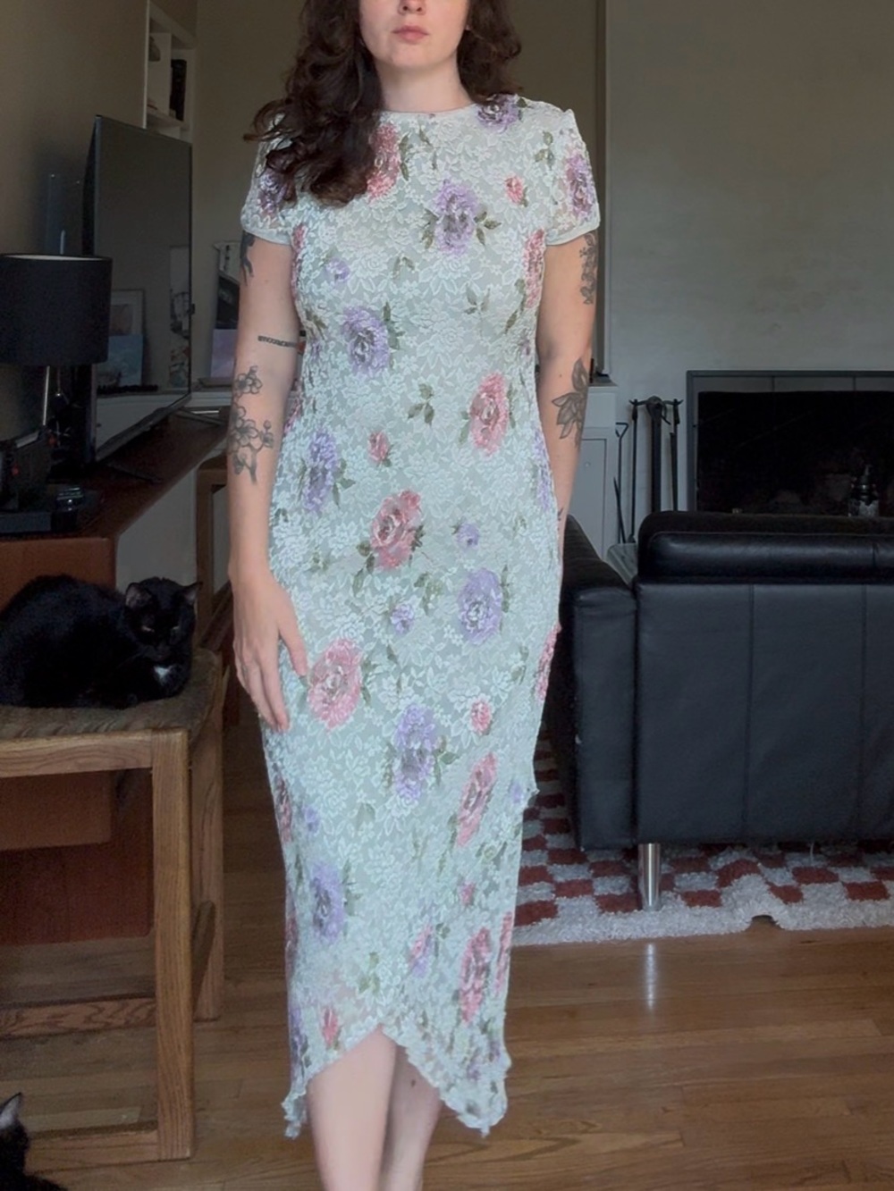 90s Floral Lace Midi Dress